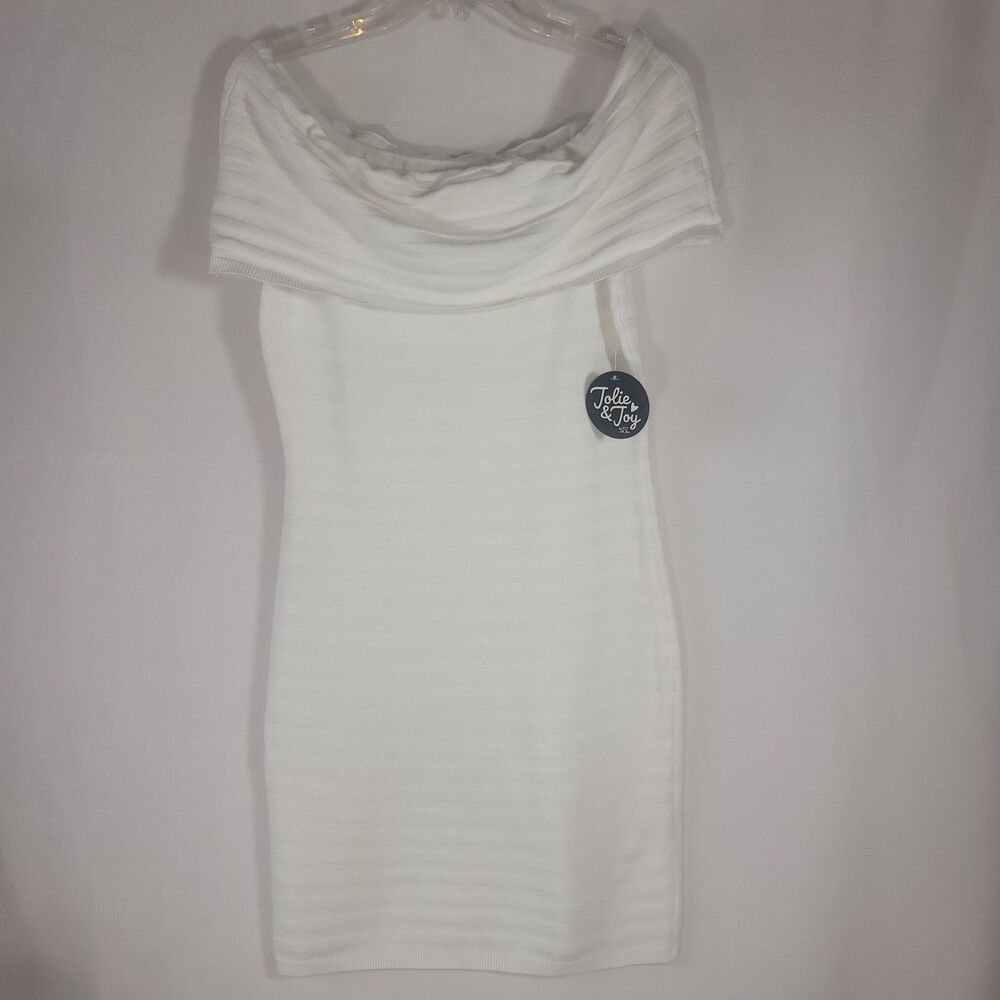 Jolie & Joy White Ribbed Off Shoulder Fold-over Knit Bodycon Mini Dress L NWT